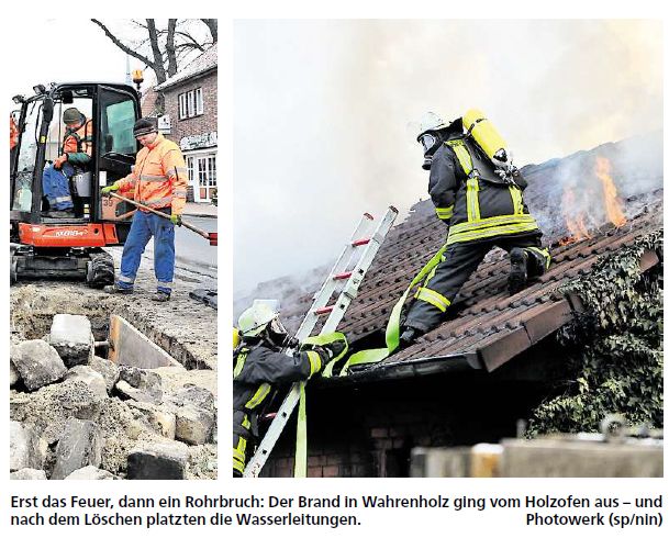 Erst das Feuer, dann ein Rohrbruch: Der Brand in Wahrenholz ging vom Holzofen aus  und nach dem Löschen platzten die Wasserleitungen.Photowerk (sp/nin)